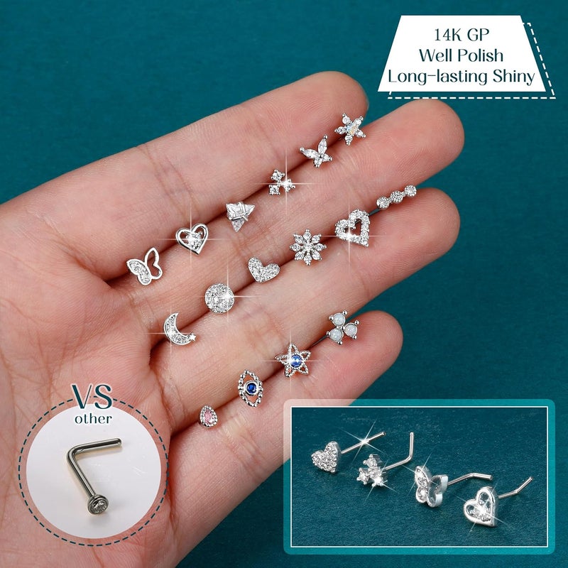Yadoca Gold Nose Rings Studs for Women - 20G Surgical Steel Nose Ring L Shaped Nose Piercing Jewelry Hypoallergenic CZ Heart Nose Studs Silver Rose Gold 16Pcs - Image 3